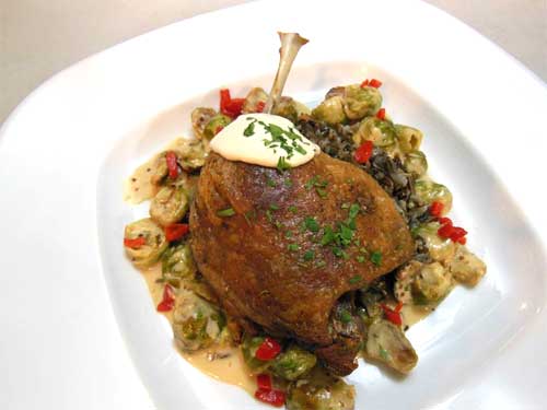 O'Liberty Duck Confit, Wild Rice Pilaf, Mustardy Brussels Sprouts, & A�oli 